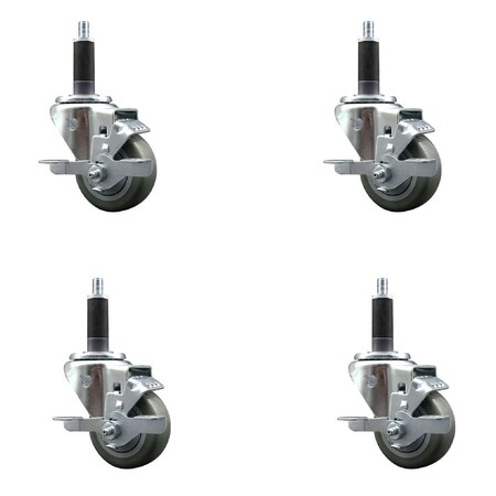 Service Caster 3'' Gray Poly Swivel 1'' Expanding Stem Caster Set with Brake, 4PK SCC-EX20S314-PPUB-TLB-1-4